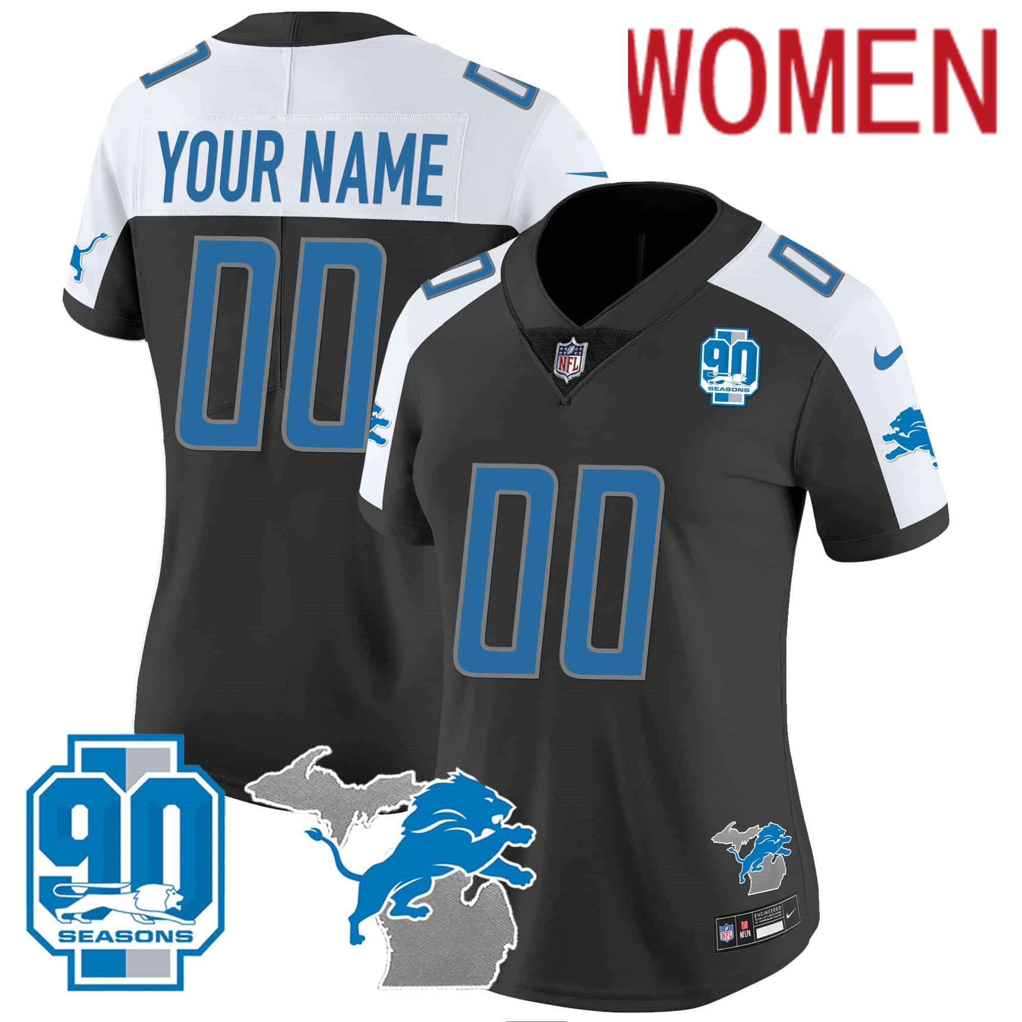 Women Detroit Lions Black 2024 Nike 90th Year Michigan Patch Custom Vapor NFL Jersey->customized nfl jersey->Custom Jersey
